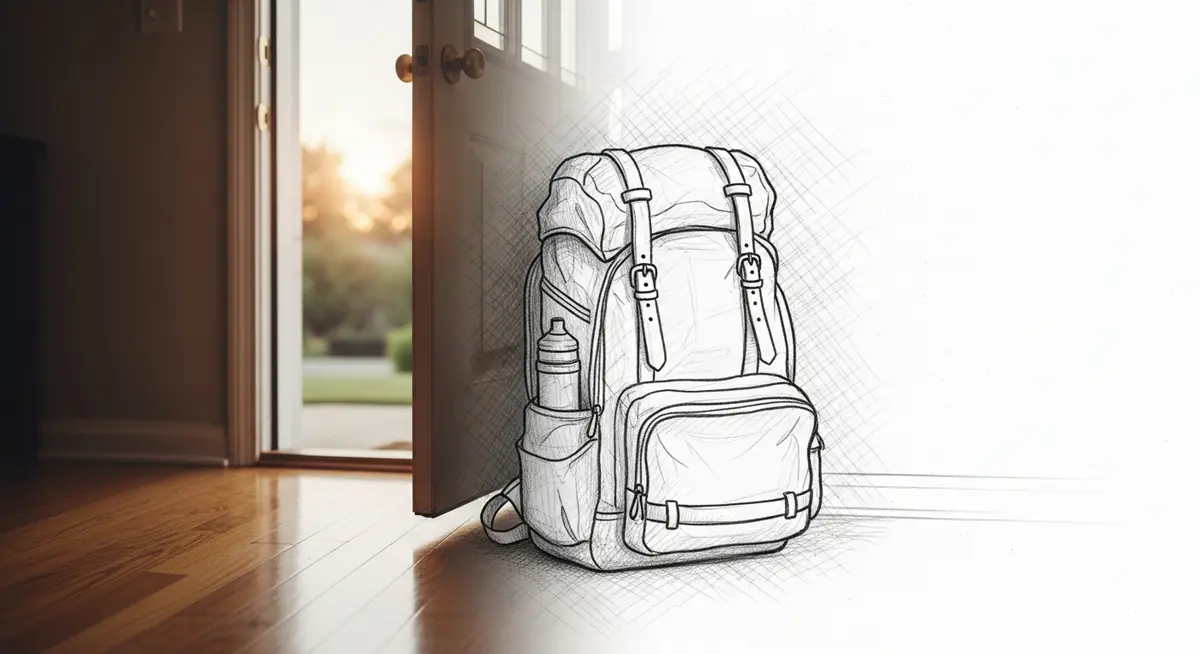 Sac à dos prêt sur le pas de la porte au petit matin