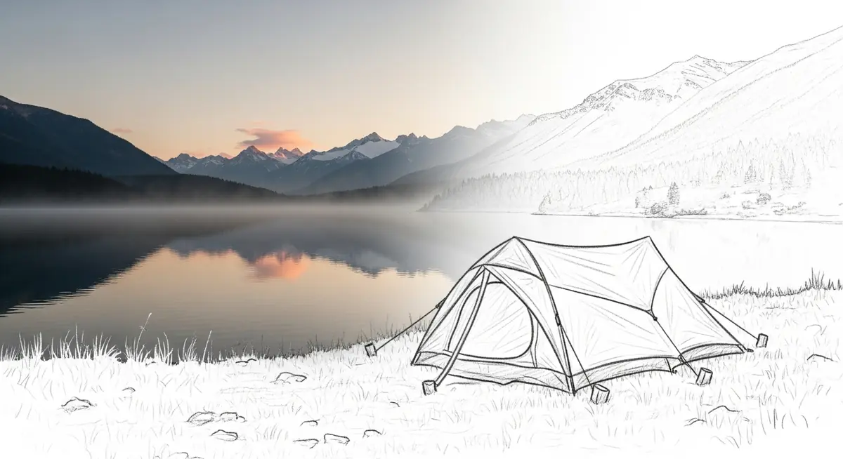 Tente plantée au bord d'un lac de montagne, lever de soleil