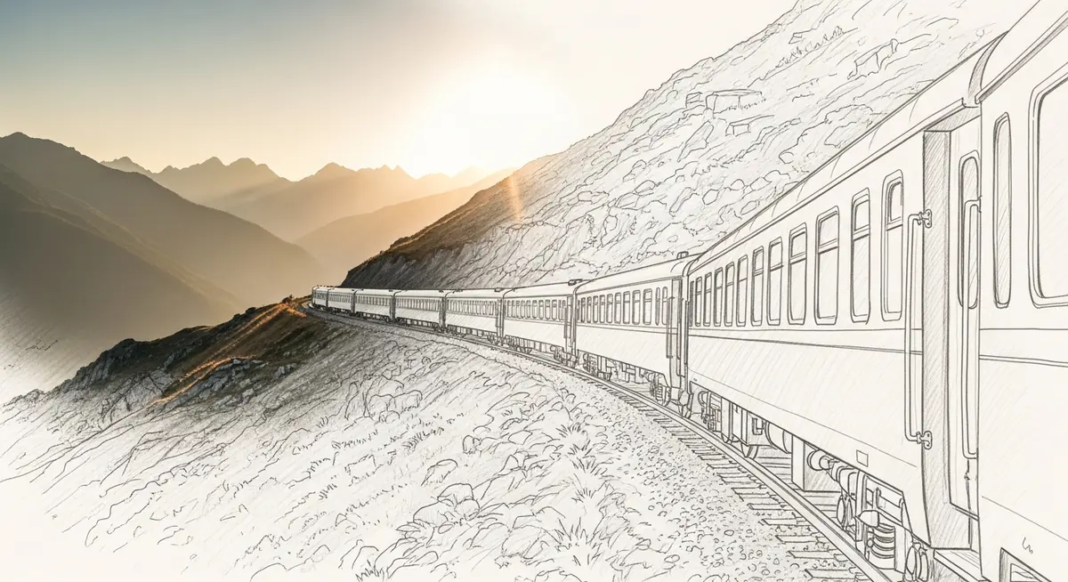Train de nuit serpentant entre deux montagnes au coucher du soleil